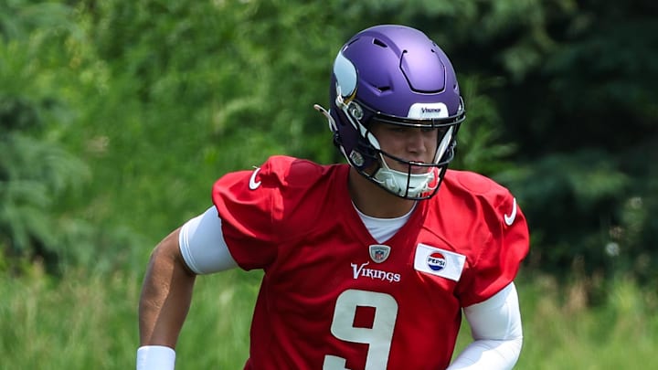 Jun 10, 2025; Minneapolis, MN, USA; Minnesota Vikings quarterback J.J. McCarthy (9) practices during minicamp at the Minnesota Vikings Training Facility. Mandatory Credit: Matt Krohn-Imagn Images