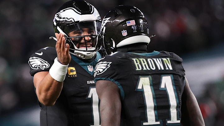 Nov 28, 2025; Philadelphia, Pennsylvania, USA; Philadelphia Eagles quarterback Jalen Hurts (1) and wide receiver A.J. Brown (11) celebrate a touchdown against the Chicago Bears during the third quarter of the game at Lincoln Financial Field. Mandatory Credit: Bill Streicher-Imagn Images Nov 28, 2025; Philadelphia, Pennsylvania, USA; Philadelphia Eagles quarterback Jalen Hurts (1) and wide receiver A.J. Brown (11) celebrate a touchdown against the Chicago Bears during the third quarter of the game at Lincoln Financial Field. Mandatory Credit: Bill Streicher-Imagn Images