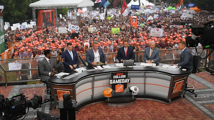 Desmond Howard, left, Rece Davis, Pat McAfee, Nick Saban, Lee Corso, and Kirk Herbstreit live broadcast during ESPN Gameday near Williams-Brice Stadium in Columbia, S.C. Saturday, September 14, 2024.