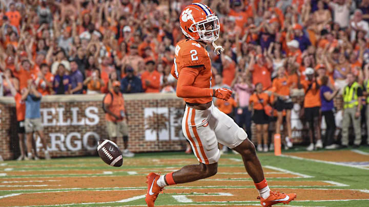 Sep 16, 2023; Clemson, South Carolina; Clemson cornerback Nate Wiggins (2) returns an interception