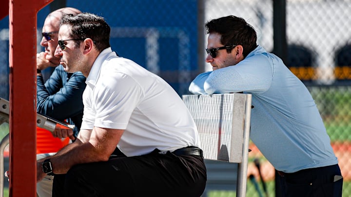 Detroit Tigers president of baseball operations Scott Harris watches on during spring training at TigerTown in Lakeland, Fla. on Wednesday, Feb. 21, 2024.