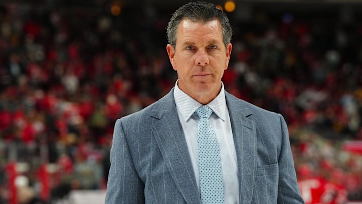 Nov 7, 2024; Raleigh, North Carolina, USA;  Pittsburgh Penguins head coach Mike Sullivan comes off the ice after a loss to the Carolina Hurricanes at Lenovo Center. Mandatory Credit: James Guillory-Imagn Images