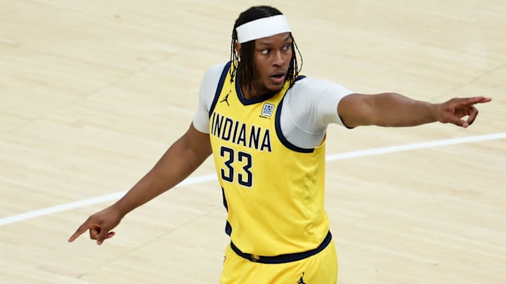 Jun 19, 2025; Indianapolis, Indiana, USA; Indiana Pacers center Myles Turner (33) reacts in the first quarter during game six of the 2025 NBA Finals against the Oklahoma City Thunder at Gainbridge Fieldhouse. Mandatory Credit: Trevor Ruszkowski-Imagn Images