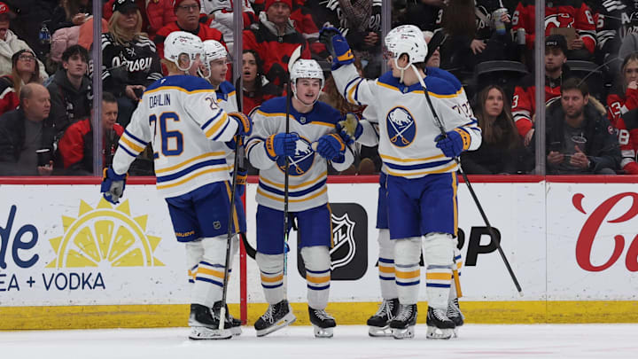 Dec 21, 2025; Newark, New Jersey, USA;  Buffalo Sabres left wing Zach Benson (6) celebrates his goal against the New Jersey Devils during the first second period at Prudential Center. Mandatory Credit: Thomas Salus-Imagn Images