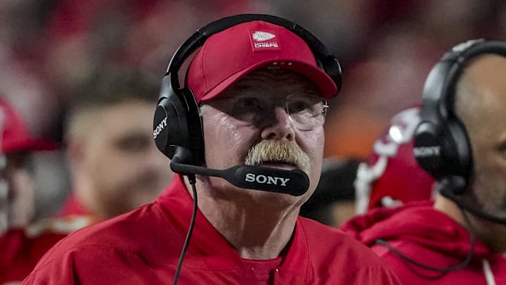 Dec 25, 2025; Kansas City, Missouri, USA; Kansas City Chiefs coach Andy Reid during the second quarter at GEHA Field at Arrowhead Stadium. Mandatory Credit: Denny Medley-Imagn Images