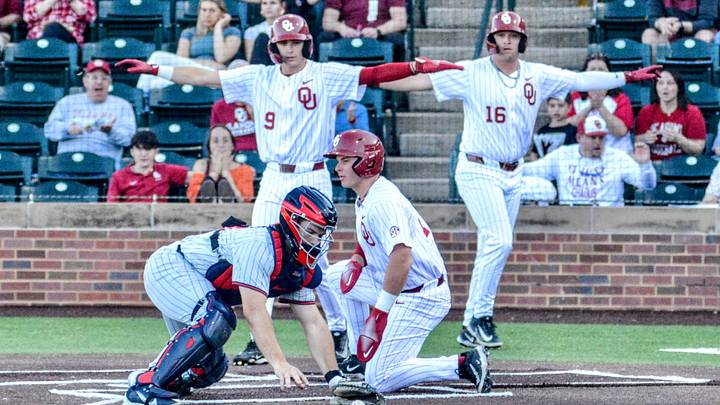 Oklahoma infielder Jaxon Willits slides into home plate against Gonzaga.