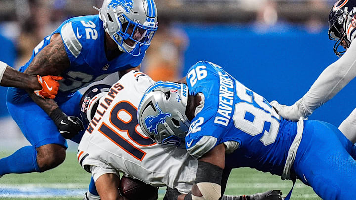 Marcus Davenport sacks Caleb Williams. Long down and distance from sacks and penalties are bogging down the Bears offense.