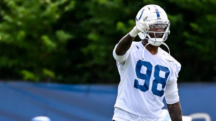Jun 10, 2026; Indianapolis, IN, USA; Indianapolis Colts defensive end Arden Key (98) participates in a drill during minicamp at Indiana Farm Bureau Football Center. Mandatory Credit: Robert Goddin-Imagn Images Jun 10, 2026; Indianapolis, IN, USA; Indianapolis Colts defensive end Arden Key (98) participates in a drill during minicamp at Indiana Farm Bureau Football Center. Mandatory Credit: Robert Goddin-Imagn Images