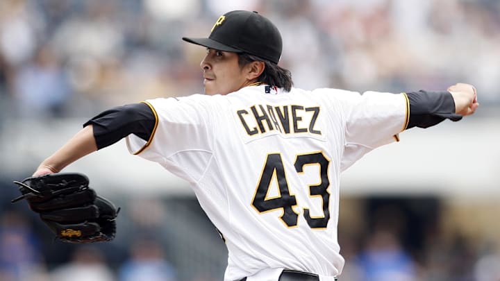 Jun 4, 2009; Pittsburgh, PA, USA; Pittsburgh Pirates relief pitcher Jesse Chavez (43) delivers a pitch in the ninth inning against the New York Mets at PNC Park.  The Pirates won 11-6. Mandatory Credit: Jerry Lai-Imagn Images