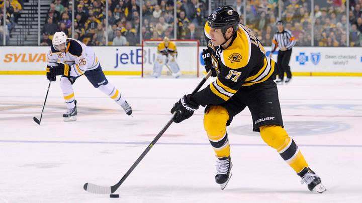 Dec 21, 2013; Boston, MA, USA; Boston Bruins left wing Milan Lucic (17) controls the puck during the third period against the Buffalo Sabres at TD Banknorth Garden. Mandatory Credit: Bob DeChiara-USA TODAY Sports