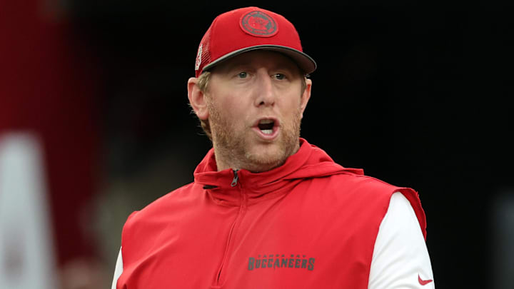 Aug 23, 2024; Tampa, Florida, USA;  Tampa Bay Buccaneers offensive coordinator Liam Coen looks on before the game against the Miami Dolphins at Raymond James Stadium. Mandatory Credit: Kim Klement Neitzel-Imagn Images