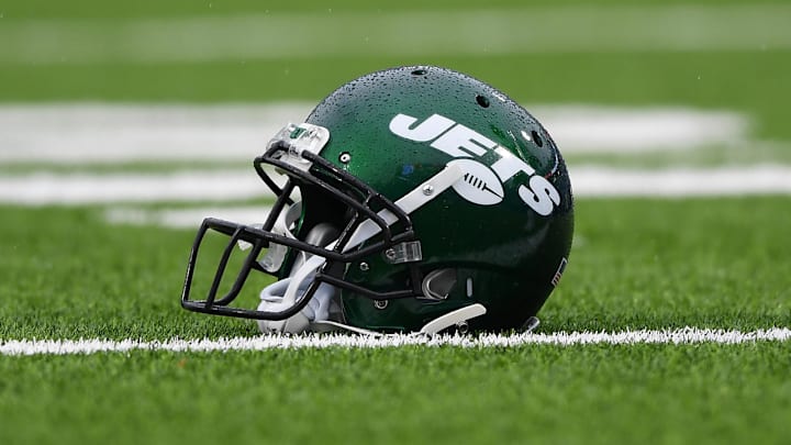 Dec 29, 2019; Orchard Park, New York, USA; General view of a New York Jets helmet prior to the game against the Buffalo Bills at New Era Field. Mandatory Credit: Rich Barnes-Imagn Images