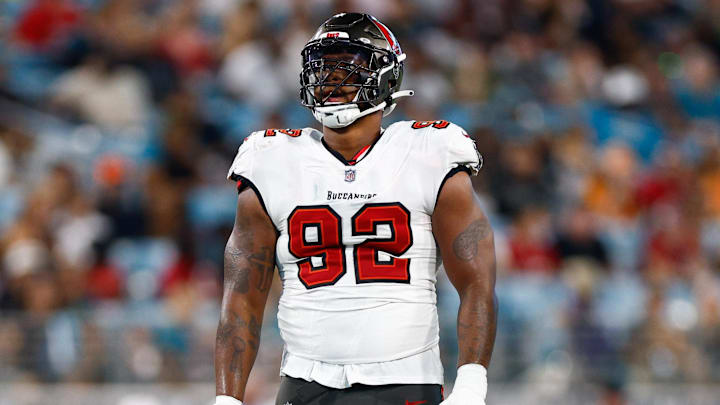 Aug 17, 2024; Jacksonville, Florida, USA; Tampa Bay Buccaneers defensive end William Gholston (92) looks on during the third quarter against the Jacksonville Jaguars at EverBank Stadium. Mandatory Credit: Douglas DeFelice-Imagn Images Aug 17, 2024; Jacksonville, Florida, USA; Tampa Bay Buccaneers defensive end William Gholston (92) looks on during the third quarter against the Jacksonville Jaguars at EverBank Stadium. Mandatory Credit: Douglas DeFelice-Imagn Images