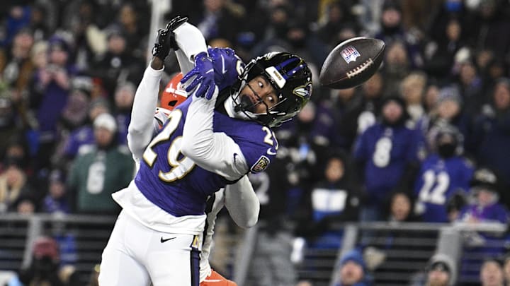 Baltimore Ravens safety Ar'Darius Washington breaks up a pass intended for Cleveland Browns wide receiver Jerry Jeudy.