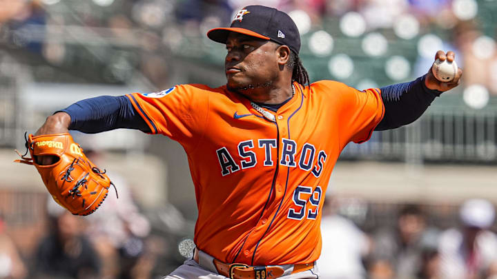 Sep 14, 2025: Houston Astros starting pitcher Framber Valdez (59) pitches against the Atlanta Braves during the second inning at Truist Park. 