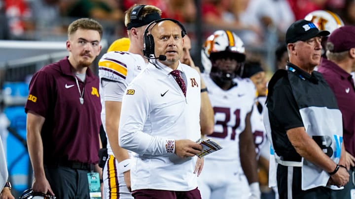 Minnesota Golden Gophers head coach P.J. Fleck reacts in the first half of the NCAA football game at Ohio Stadium on Saturday, Oct. 4, 2025 in Columbus, Ohio.