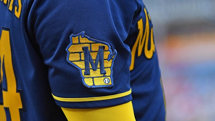 Jul 19, 2023; Philadelphia, Pennsylvania, USA; Milwaukee Brewers logo patch on the jersey of catcher William Contreras (24) against the Philadelphia Phillies Citizens Bank Park. Mandatory Credit: Eric Hartline-Imagn Images Jul 19, 2023; Philadelphia, Pennsylvania, USA; Milwaukee Brewers logo patch on the jersey of catcher William Contreras (24) against the Philadelphia Phillies Citizens Bank Park. Mandatory Credit: Eric Hartline-Imagn Images