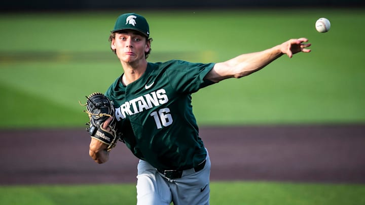 Michigan State's Joseph Dzierwa delivers a pitch during a NCAA Big Ten Conference baseball game against Iowa, Friday, May 12, 2023, at Duane Banks Field in Iowa City, Iowa. Michigan State's Joseph Dzierwa delivers a pitch during a NCAA Big Ten Conference baseball game against Iowa, Friday, May 12, 2023, at Duane Banks Field in Iowa City, Iowa.