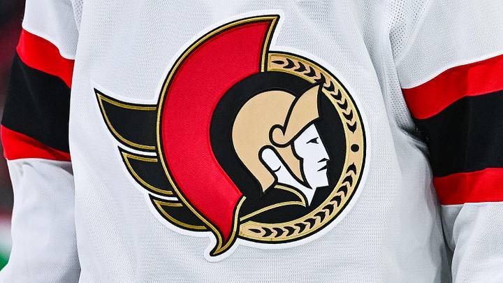 Oct 12, 2024; Montreal, Quebec, CAN; View of a Ottawa Senators logo on a jersey worn by a member of the team against the Montreal Canadiens during the third period at Bell Centre. Mandatory Credit: David Kirouac-Imagn Images