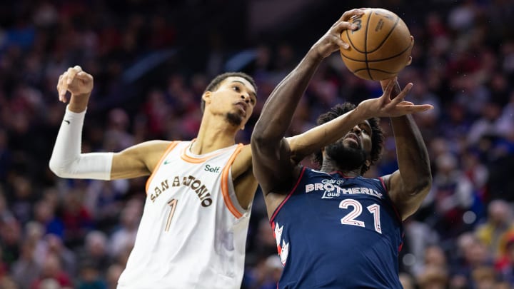 Jan 22, 2024; Philadelphia, Pennsylvania, USA; Philadelphia 76ers center Joel Embiid (21) rebounds