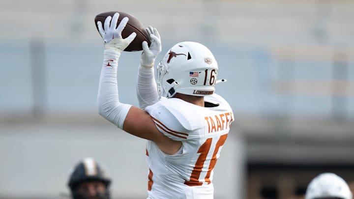 Texas Longhorns defensive back Michael Taaffe (16) hauls in a Vanderbilt interception during the first half of their game at FirstBank Stadium in Nashville, Tenn., Saturday, Oct. 26, 2024.