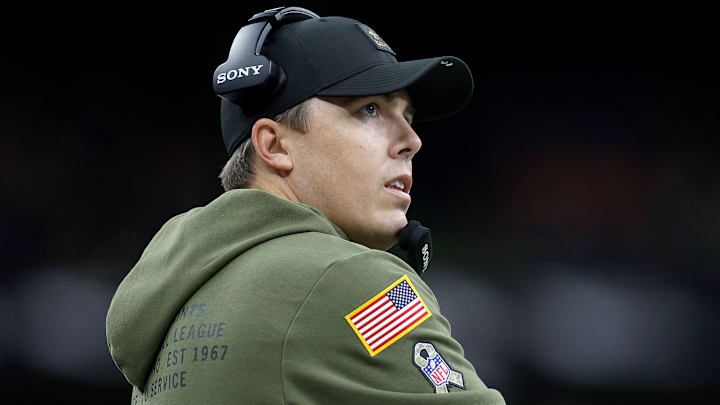 New Orleans Saints head coach Kellen Moore looks on during a game against the Carolina Panthers on Nov. 9, 2025.