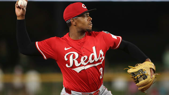 Cincinnati Reds third baseman Ke'Bryan Hayes completes a play against the Athletics.