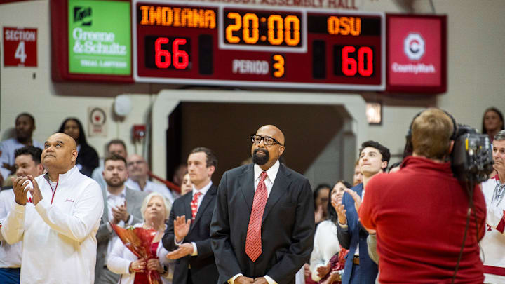 Indiana Head Coach Mike Woodson during Senior Day festivities after the Indiana versus Ohio State men's basketball game at Simon Skjodt Assembly Hall on Saturday, March 8, 2025.