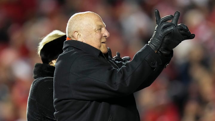 Oct 28, 2023; Madison, Wisconsin, USA; Former Wisconsin Badgers coach and athletic director Barry Alvarez walks across the field following a recognition ceremony during the NCAA football game against the Ohio State Buckeyes at Camp Randall Stadium.