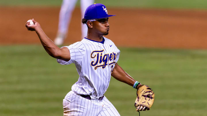 Tigers starting pitcher Anthony Eyanson 24, The LSU Tigers take on Little Rock Trojans in game 1 of the 2025 NCAA Div 1 Regional Baseball Championship at Alex Box Stadium in Baton Rouge, LA. Friday, May 30, 2025.