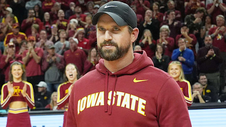Iowa State football coach Jimmy Rogers speaks during a timeout in the first half in the Iowa State and Iowa men’s basketball Cy-Hawk series at Hilton coliseum on Dec. 11, 2025, in Ames, Iowa.
