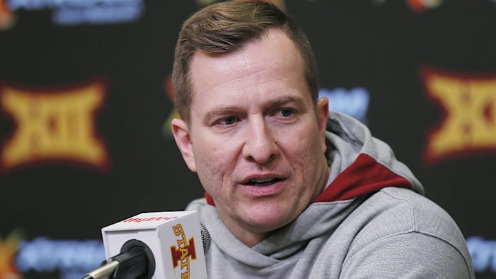 Iowa State Cyclones men's basketball head coach T. J. Otzelberger talks to media after NCAA men's basketball selection show at Hilton Coliseum on Sunday, March 17, 2024, in Ames, Iowa