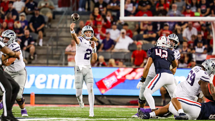 Sep 12, 2025; Tucson, Arizona, USA; Kansas State Wildcats quarterback Avery Johnson (2) throws the ball during the second first quarter of the game against the Arizona Wildcats at Arizona Stadium. Mandatory Credit: Aryanna Frank-Imagn Images Sep 12, 2025; Tucson, Arizona, USA; Kansas State Wildcats quarterback Avery Johnson (2) throws the ball during the second first quarter of the game against the Arizona Wildcats at Arizona Stadium. Mandatory Credit: Aryanna Frank-Imagn Images