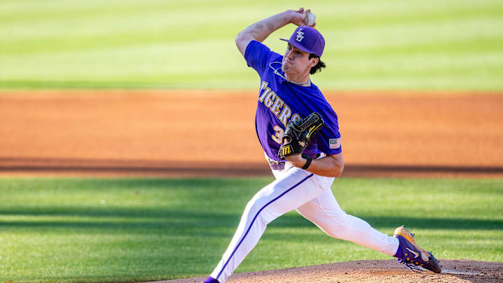 Tigers starting pitcher Luke Holman 38 on the mound as the LSU Tigers take on the Vanderbilt