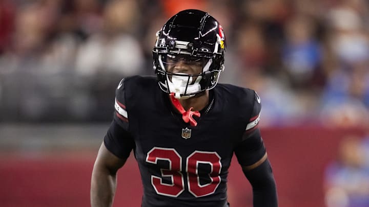 Oct 21, 2024; Glendale, Arizona, USA; Arizona Cardinals cornerback Darren Hall (30) against the Los Angeles Chargers at State Farm Stadium. Mandatory Credit: Mark J. Rebilas-Imagn Images