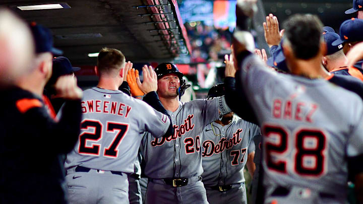 May 1, 2025; Anaheim, California, USA; Detroit Tigers first baseman Spencer Torkelson (20) is greeted after hitting a two run home run against the Los Angeles Angels during the ninth inning at Angel Stadium. May 1, 2025; Anaheim, California, USA; Detroit Tigers first baseman Spencer Torkelson (20) is greeted after hitting a two run home run against the Los Angeles Angels during the ninth inning at Angel Stadium.