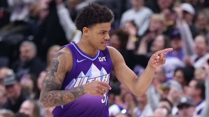 Feb 22, 2025; Salt Lake City, Utah, USA; Utah Jazz guard Keyonte George (3) reacts to a shot against the Houston Rockets during the second half at Delta Center. Mandatory Credit: Rob Gray-Imagn Images Feb 22, 2025; Salt Lake City, Utah, USA; Utah Jazz guard Keyonte George (3) reacts to a shot against the Houston Rockets during the second half at Delta Center. Mandatory Credit: Rob Gray-Imagn Images