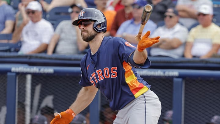 Feb 26, 2025; West Palm Beach, Florida, USA; Houston Astros outfielder Cooper Hummel (1) tosses the bat after hitting a double to left field during the sixth inning against the Washington Nationals at CACTI Park of the Palm Beaches. Feb 26, 2025; West Palm Beach, Florida, USA; Houston Astros outfielder Cooper Hummel (1) tosses the bat after hitting a double to left field during the sixth inning against the Washington Nationals at CACTI Park of the Palm Beaches.