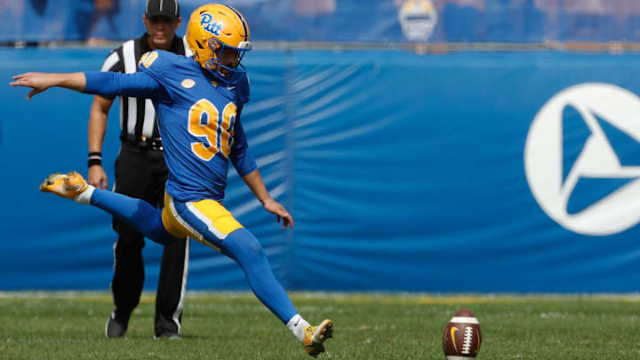 Sep 24, 2022; Pittsburgh, Pennsylvania, USA; Pittsburgh Panthers place kicker Ben Sauls (90) kicks off to the Rhode Island Rams during the first quarter at Acrisure Stadium. Mandatory Credit: Charles LeClaire-Imagn Images Sep 24, 2022; Pittsburgh, Pennsylvania, USA; Pittsburgh Panthers place kicker Ben Sauls (90) kicks off to the Rhode Island Rams during the first quarter at Acrisure Stadium. Mandatory Credit: Charles LeClaire-Imagn Images