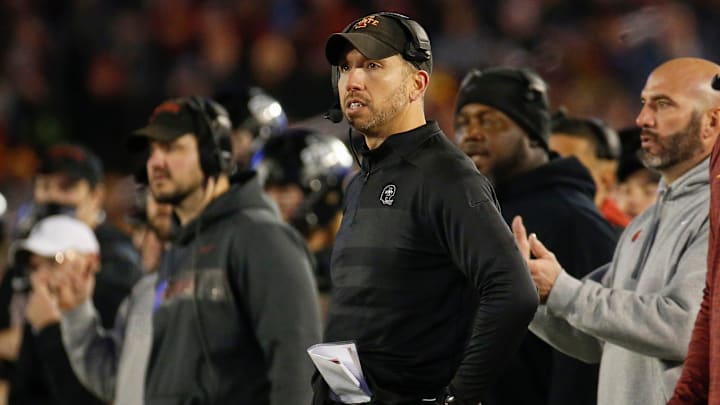 Iowa State head football coach Matt Campbell looks on as his defense holds TCU on a drive in the fourth quarter on Friday, Nov. 26, 2021, at Jack Trice Stadium in Ames.