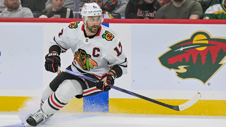 Sep 28, 2025; Saint Paul, Minnesota, USA;  Chicago Blackhawks forward Nick Foligno (17) follows the play against the Minnesota Wild during the third period at Xcel Energy Center. Mandatory Credit: Nick Wosika-Imagn Images

