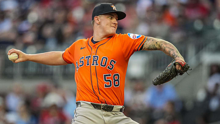 Sep 13, 2025; Cumberland, Georgia, USA; Houston Astros starting pitcher Hunter Brown (58) pitches against the Atlanta Braves during the first inning at Truist Park.