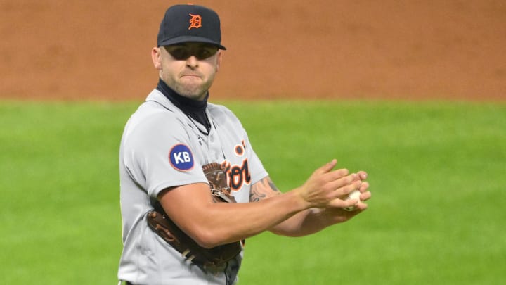 Detroit Tigers reliever Alex Lange reacts after giving up a hit during a 2022 contest against the Cleveland Guardians. 