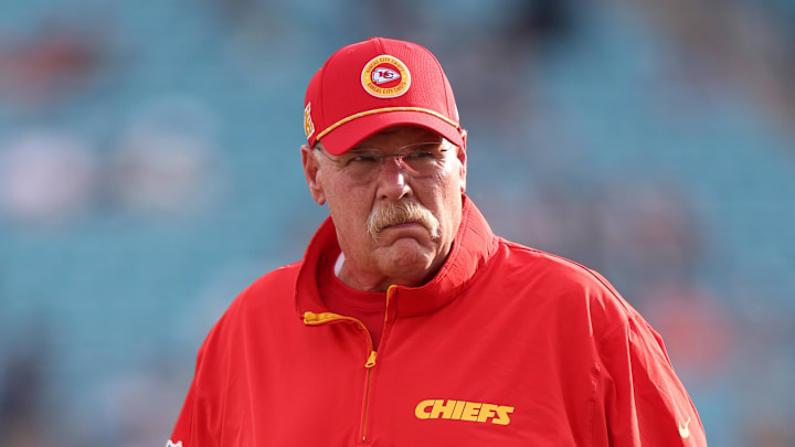 Aug 10, 2024; Jacksonville, Florida, USA; Kansas City Chiefs head coach Andy Reid looks on before a preseason game against the Jacksonville Jaguars at EverBank Stadium. Mandatory Credit: Nathan Ray Seebeck-USA TODAY Sports