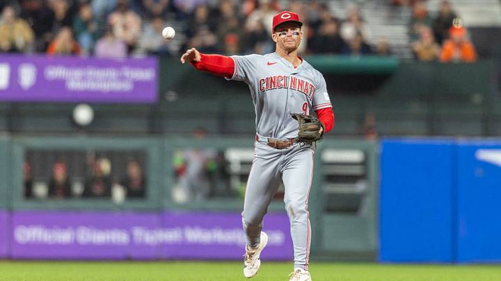 Aug 24, 2026; San Francisco, California, USA;  Cincinnati Reds second baseman Matt McLain (9) makes a play at first during the seventh inning against the San Francisco Giants at Oracle Park.  Mandatory Credit: Bob Kupbens-Imagn Images