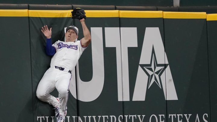Jul 4, 2024; Arlington, Texas, USA; Texas Rangers outfielder Wyatt Langford (36) catches a fly ball during the second inning against the San Diego Padres at Globe Life Field. Mandatory Credit: Raymond Carlin III-USA TODAY Sports Jul 4, 2024; Arlington, Texas, USA; Texas Rangers outfielder Wyatt Langford (36) catches a fly ball during the second inning against the San Diego Padres at Globe Life Field. Mandatory Credit: Raymond Carlin III-USA TODAY Sports
