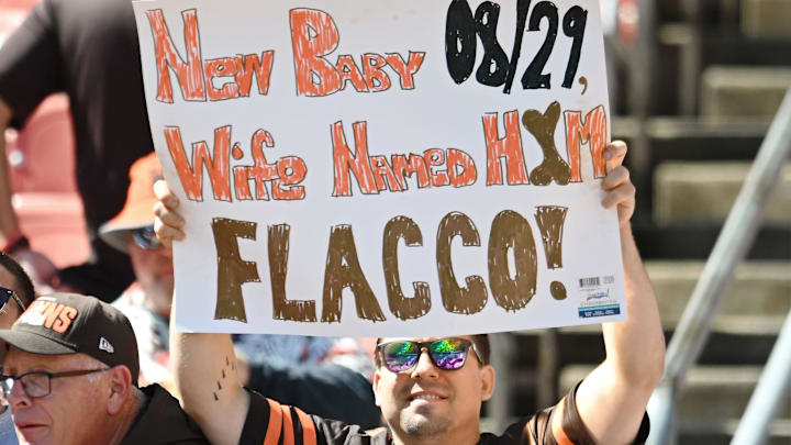 Sep 7, 2025; Cleveland, Ohio, USA; A Cleveland Browns fan holds up a sign in support of quarterback Joe Flacco (15) before the game against the Cincinnati Bengals at Huntington Bank Field. 