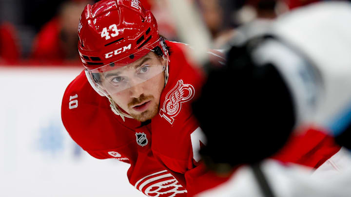 Dec 17, 2025; Detroit, Michigan, USA;  Detroit Red Wings John Leonard (43) gets set during a face off in the second period against the Utah Mammoth at Little Caesars Arena.