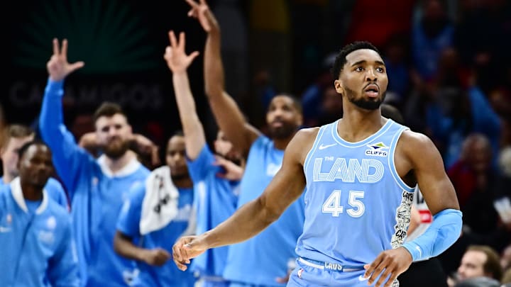 Mar 5, 2025; Cleveland, Ohio, USA; Cleveland Cavaliers guard Donovan Mitchell (45) celebrates after hitting a three point basket during the second half against the Miami Heat at Rocket Arena. Mandatory Credit: Ken Blaze-Imagn Images Mar 5, 2025; Cleveland, Ohio, USA; Cleveland Cavaliers guard Donovan Mitchell (45) celebrates after hitting a three point basket during the second half against the Miami Heat at Rocket Arena. Mandatory Credit: Ken Blaze-Imagn Images