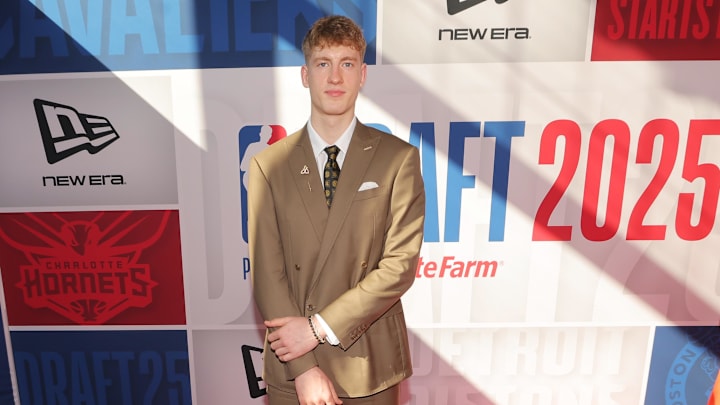 Jun 25, 2025; Brooklyn, NY, USA; Kasparas Jakucionis arrives before the first round of the 2025 NBA Draft at Barclays Center. Mandatory Credit: Brad Penner-Imagn Images